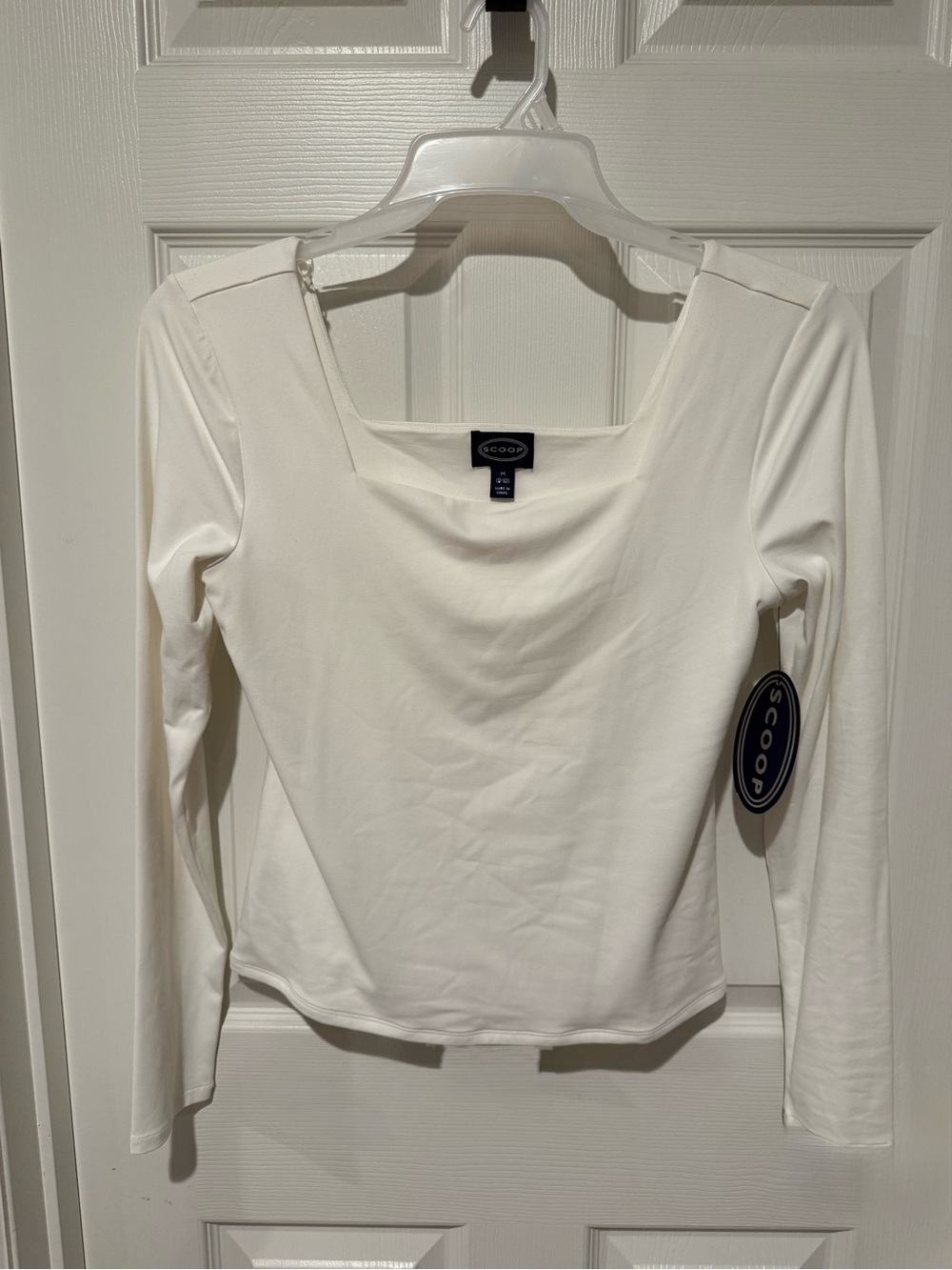 Scoop White Square Neck Long Sleeve Top NWT  Medium 8-10 Nylon Blend